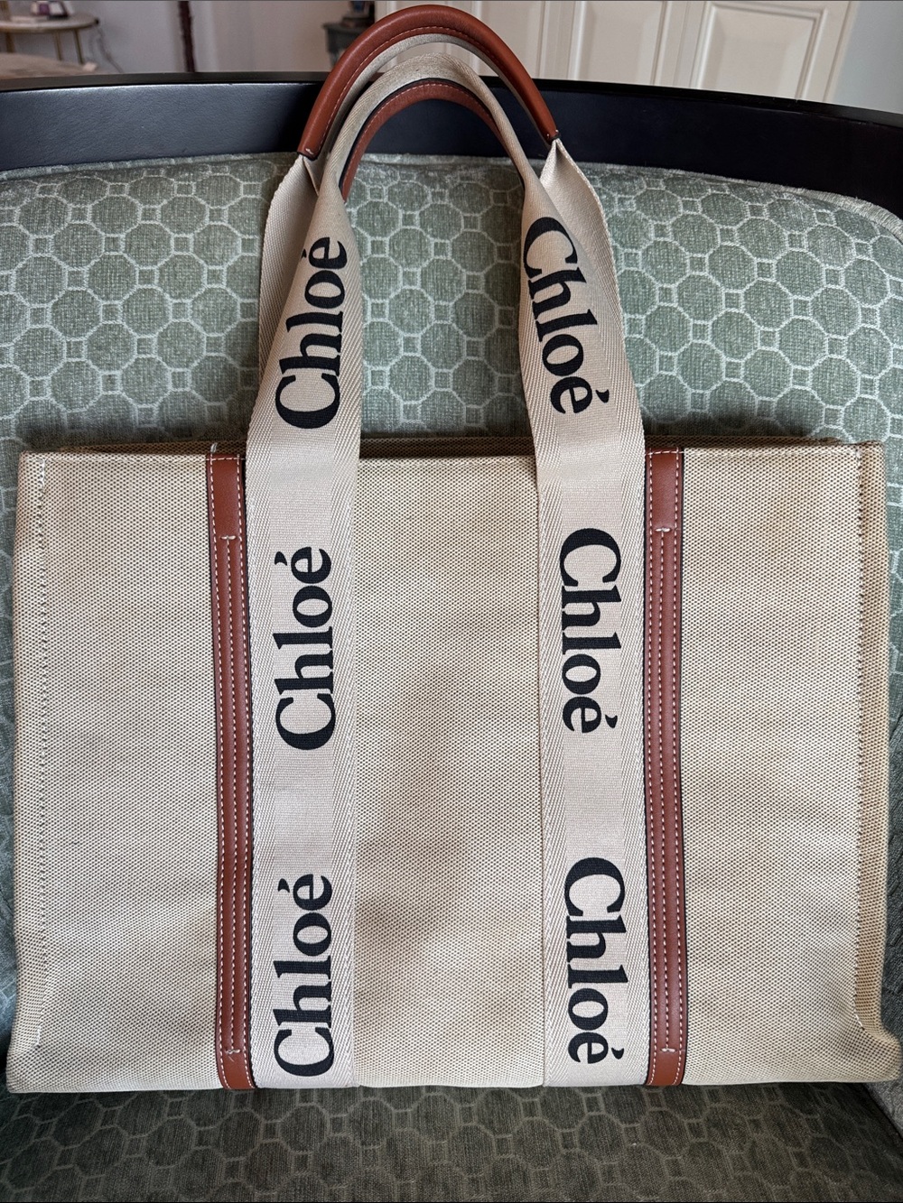 Canvas Tote Bag with Logo Straps - Beige & Brown